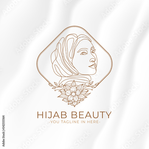 simple beauty hijab women logo with floral beauty template