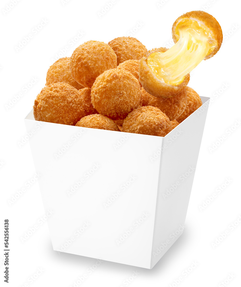 Delicious crispy Cheese ball in paper bucket isolated on white background, Cheese  ball or cheesy puffs on white With clipping path. Stock Photo