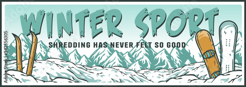 Winter horizontal poster, snowboards, mountains and snow. Ski holidays and winter active sports