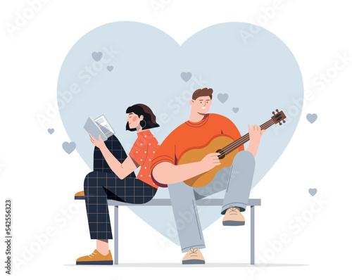 People with Hearts. Can with guitar and woman with book sitting on bench, romantic date, joint vacation and useful hobbies. Creative and intelligent young couple. Cartoon flat vector illustration