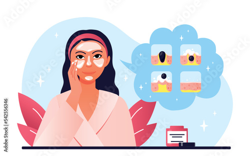 Personal skincare concept. Woman with jars of cream puts mask on face. Health care, beauty, youth and hygiene. Fight acne and wrinkles. Poster or banner for website. Cartoon flat vector illustration