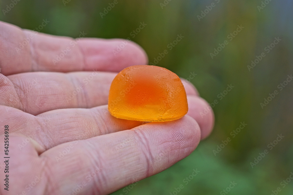 one small orange candy marmalade in sugar lies on the fingers on the hand on a green background