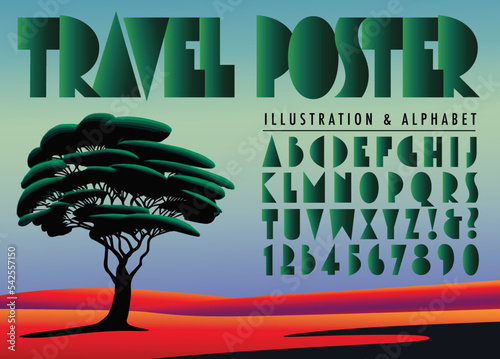 Vector illustration and alphabet inspired by Art Deco era travel posters. Stylized scene of a lone acacia tree in a red desert.
