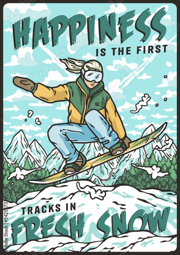 A snowboarder descends a snowy mountain. A winter extreme sport. A vertical poster about snowboarding
