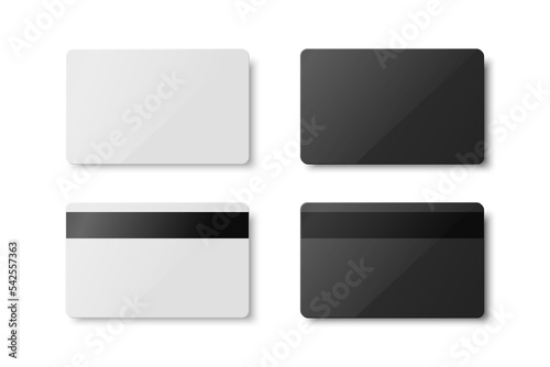 Vector White and Black Gift Card, Certificate, Guest Room, Plastic Hotel Apartment Keycard, ID Card, Sale, Credit Card Design Template for Mockup, Branding. Top View - Front, Back Side, Magnetic Strip photo