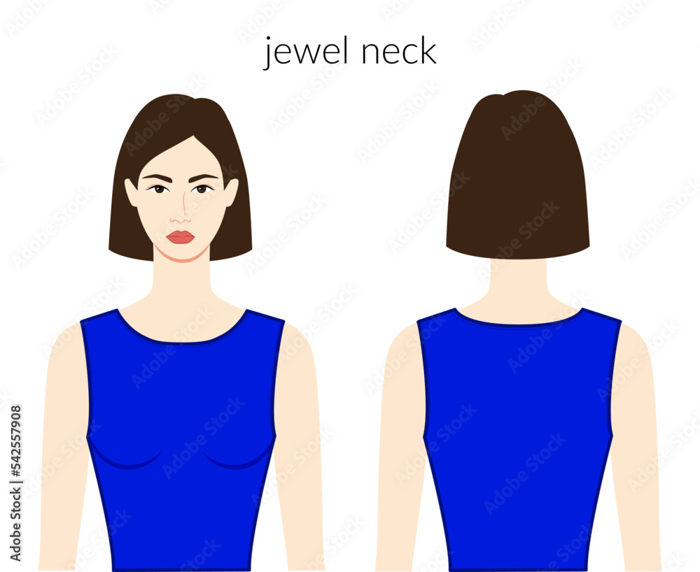 Jewel neckline clothes character beautiful lady in blue top, shirt, dress technical fashion illustration with fitted body. Flat apparel template front, back sides. Women, men unisex CAD mockup Jewel neckline clothes character beautiful lady in blue top, shirt, dress technical fashion illustration with fitted body. Flat apparel template front, back sides. Women, men unisex CAD mockup