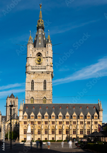 Impressive view of medieval tower of Belfry of Ghent, the tallest belfry in Belgium