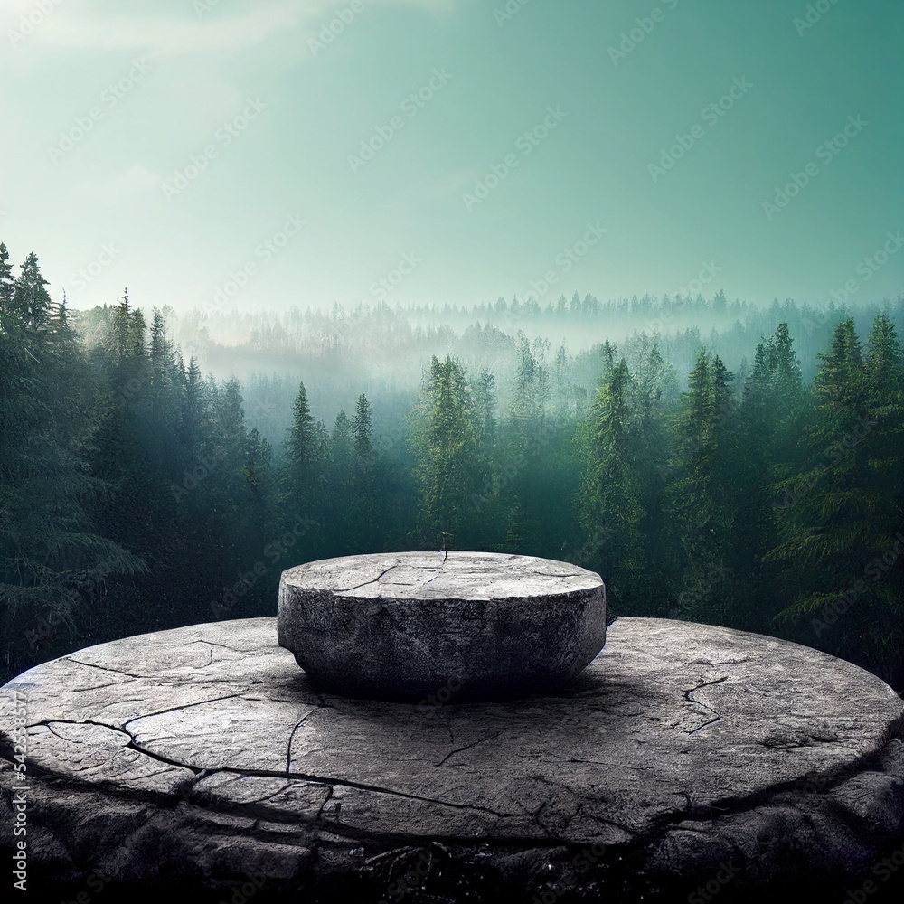 Flat small stone podium on rock platform 3d illustration, gray rock pedestal for product display, green forest and blue horizon on the background, natural scenery landscape, soft daily light - obrazy, fototapety, plakaty 