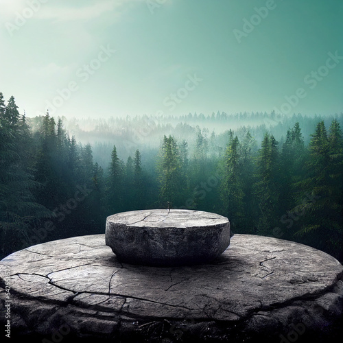 Flat small stone podium on rock platform illustration, gray rock pedestal for product display, green forest and blue horizon on the background, scenery landscape, soft daily light, generative ai