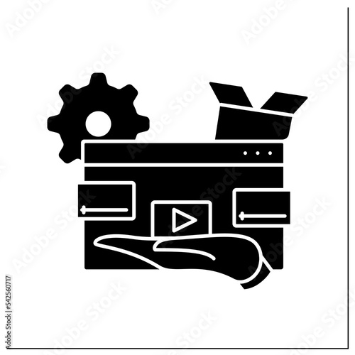 Demo video glyph icon. Demonstration video illustrates products and services.Attract prospective customers.Video marketing concept.Filled flat sign. Isolated silhouette vector illustration