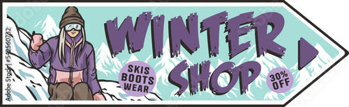 Snowboarders in the snow. Winter sports. Snowboarding and alpine skiing in a horizontal poster