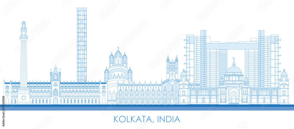 Outline Skyline panorama of city of Kolkata, India - vector illustration