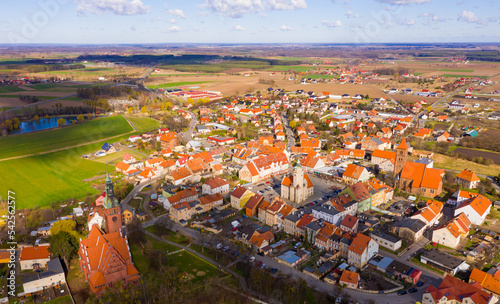Panoramic view from the drone on the city Prusice. Poland. High quality photo