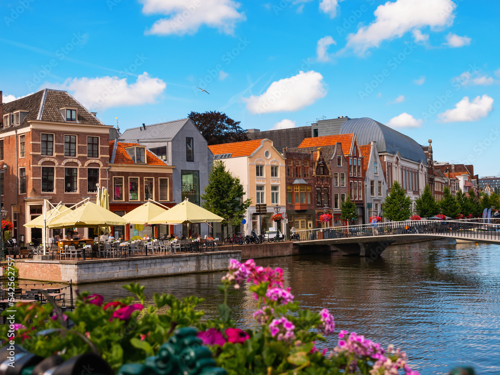 Picturesque summer landscape with a view of the city streets of Leiden and the Old Rhine River, Netherlands