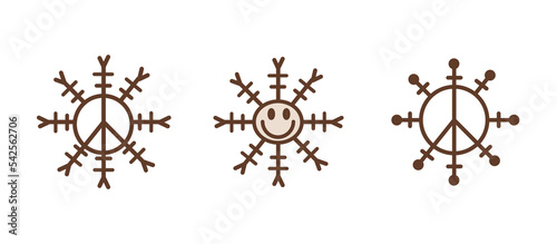 Set of black snowflakes icons in retro groovy styles with face and peace symbol. Design element for decoration Christmas card. Vector illustration isolated on white background.