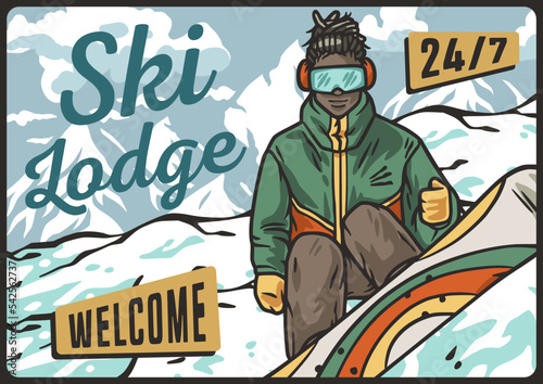 Snowboarder on a snowy mountain. Winter extreme sport. Poster about snowboarding