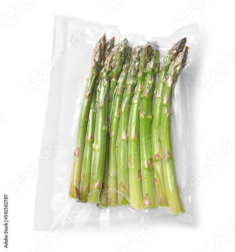 Vacuum pack of asparagus isolated on white, top view