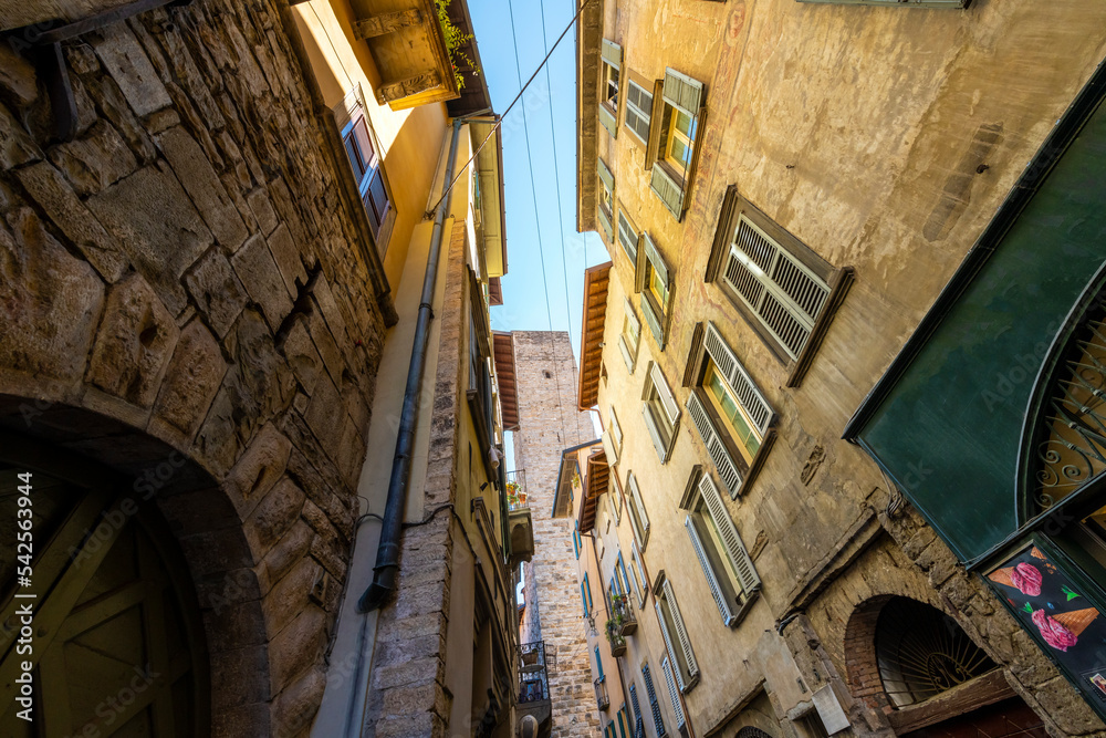 A picturesque narrow alley in the historic medieval old town walled Città Alta district, in the city of Bergamo, Italy, in the Lombardy region.