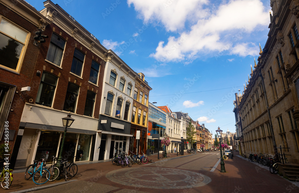 Summer view of ancient streets and houses of Leiden, city in province of South Holland, Netherland