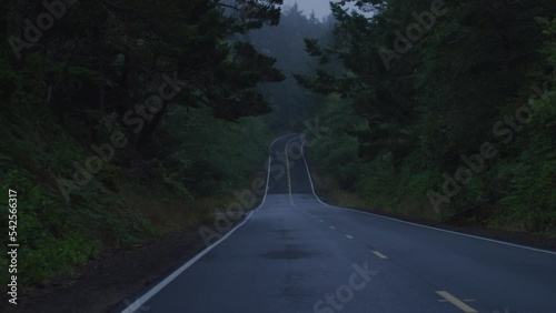 Tracking shot revealing out above two lane highway in dark rainforest in Tillamook, Oregon photo