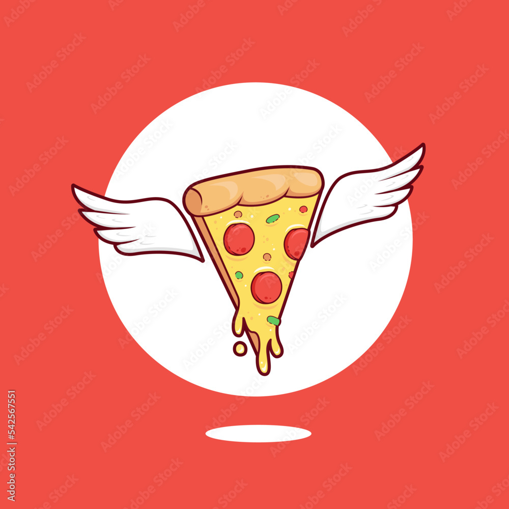 melting mozzarella cheese pizza slice with wing illustration logo icon