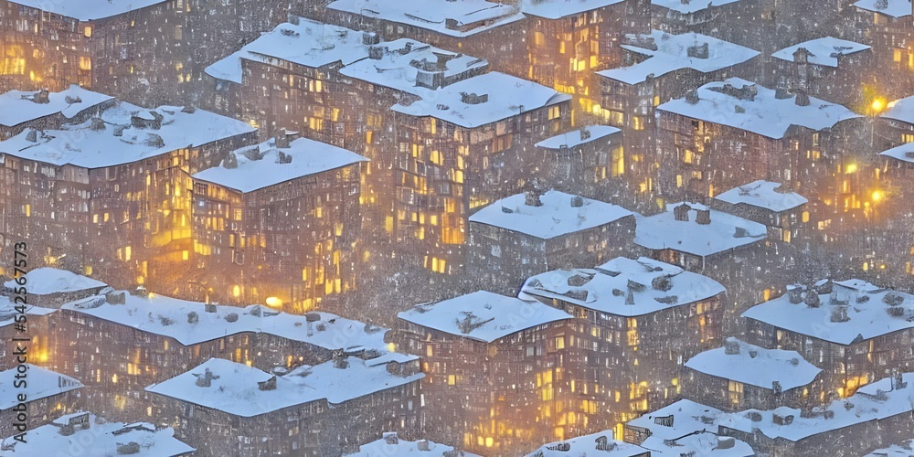 It's nighttime and the city is blanketed in a layer of snow. The ...