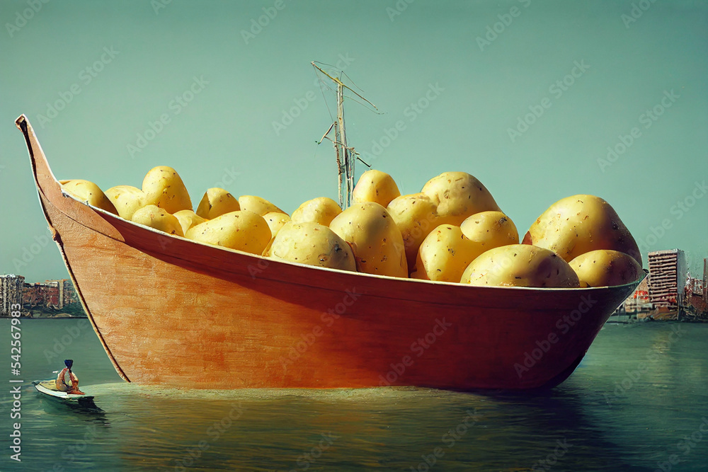 Potatoes on a boat in the middle of the sea.