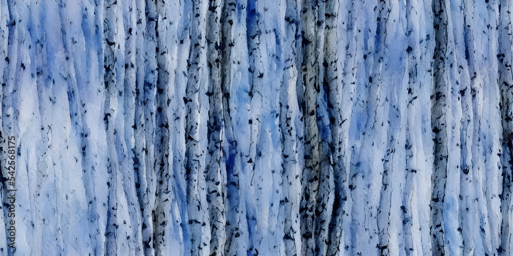 Obraz premium In the watercolor winter forest, cool blue hues cover the evergreen trees and brush in a light layer of snow. A few brave birds rest atop the branches, their bright red feathers a stark contrast to t