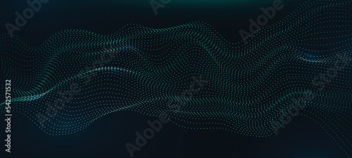 Wave music line of flowing particles abstract vector on dark blue background, smooth curvy shape circle dots fluid array. 3d shape dots blended mesh, future  5g technology relaxing wallpaper.	
