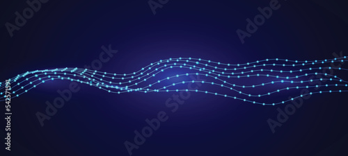 Wave music line of flowing particles abstract vector on dark blue background, smooth curvy shape circle dots fluid array. 3d shape dots blended mesh, future  5g technology relaxing wallpaper.	
