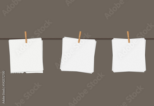 blank note paper on rope, blank note papers on a wall, set of sheets, Paper Stickers note, Realistic blank sticky notes isolated on white background.