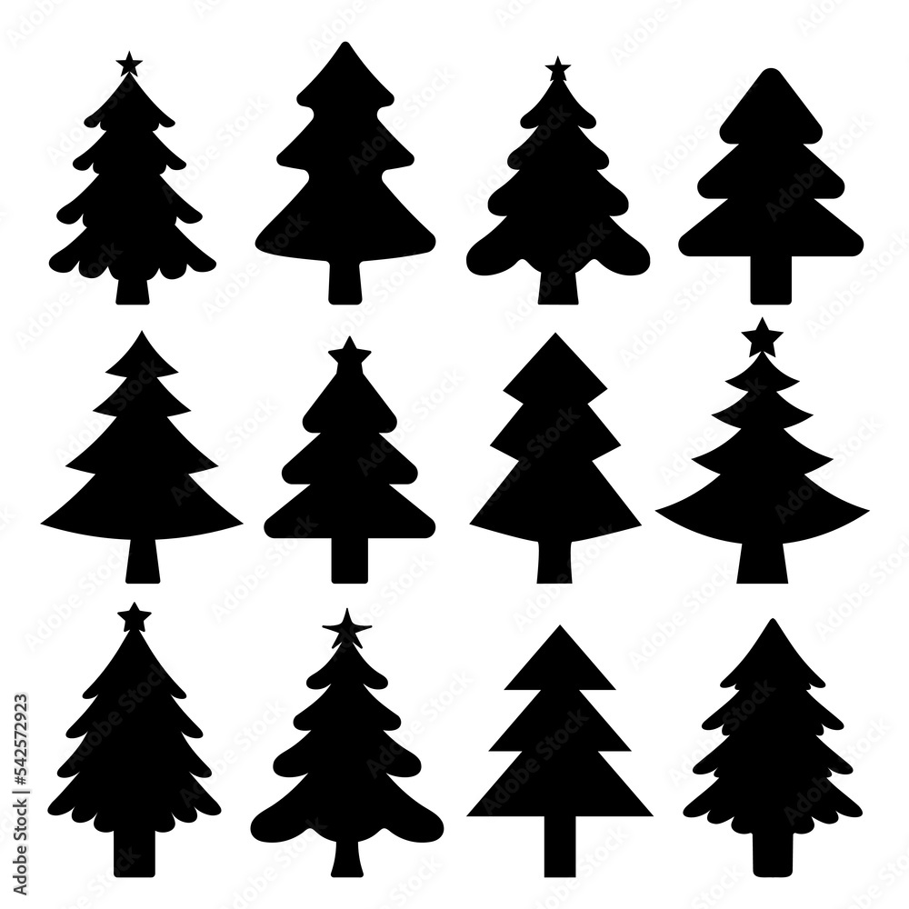 Obraz premium Christmas tree black silhouette collection. Different type and shapes fir-trees on white background. Template for laser, paper cutting, cards, flyers, print, scrapbook.