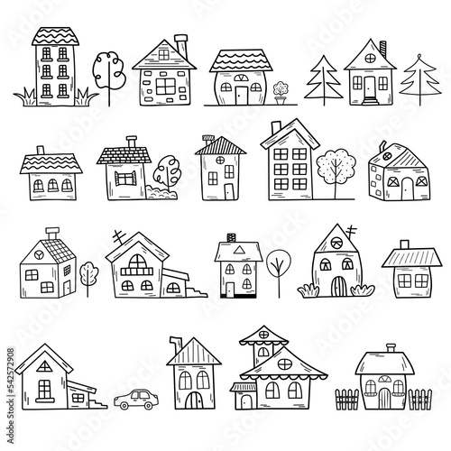 Doodle home set. Hand drawn cute houses of different shapes and types.