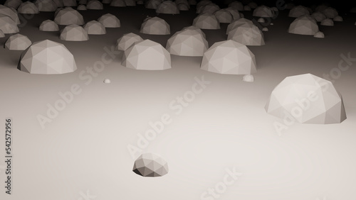 3D illustration. Image of abstract work. Several white domes in the darkness were lit by one light.