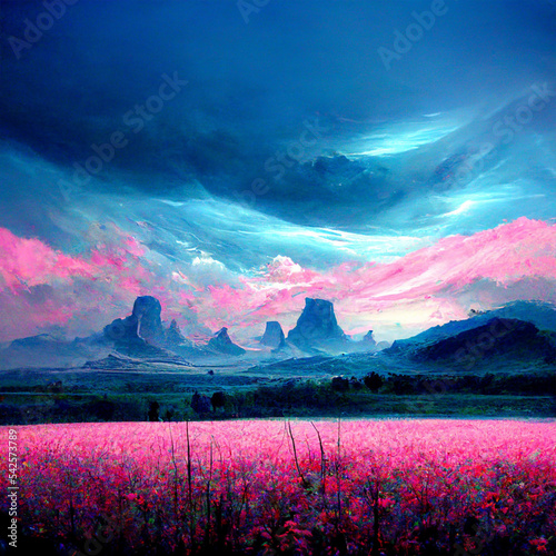 massive landscape with beautiful colorful painting illustration digital artwork	