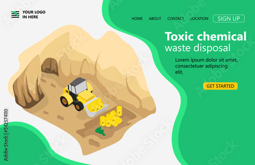 Landing page with illustration about burying toxic waste isometric style