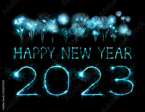 2023 happy new year fireworks celebration written sparkling at night.