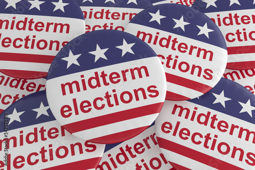 Schilderij op canvas USA Politics News Badges: Pile of Midterm Elections Buttons With US Flag, 3D Ill