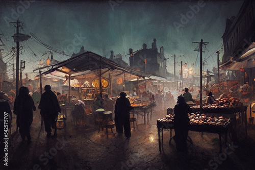 Fototapet Painting of a medieval feudal township at night, crowds gathered in the town's c