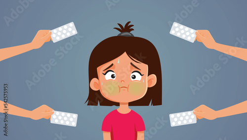 Sick Girl Feeling Nauseated Receiving Medical Treatment Vector Illustration. Little child having nausea from gastroenteritis in need of antiemetics 

