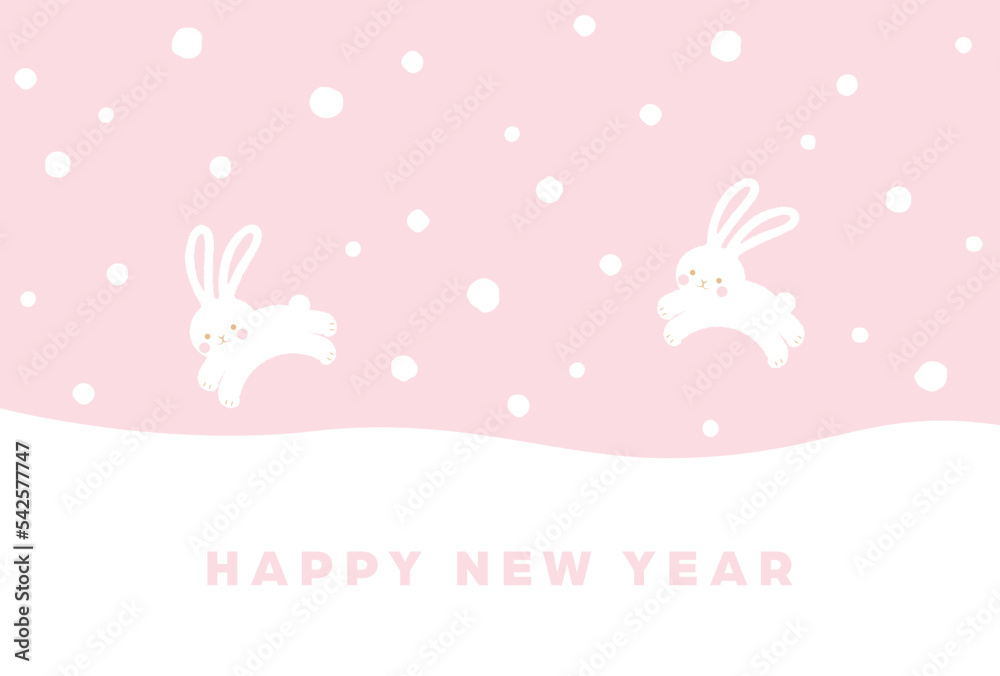 new years greeting card with falling snow and jumping rabbits, the Chinese or Japanese zodiac sign for 2023 new years greeting card with falling snow and jumping rabbits, the Chinese or Japanese zodiac sign for 2023