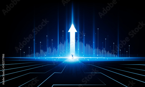 Abstract businessman up arrow Key Door city open Light technology background Hitech communication concept innovation background vector design.