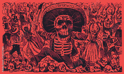 Day of the Dead (Dia de los Muertos) Background With Skeleton Skull Dancing Seamless Backdrop Vector Illustration Mexican Day Red