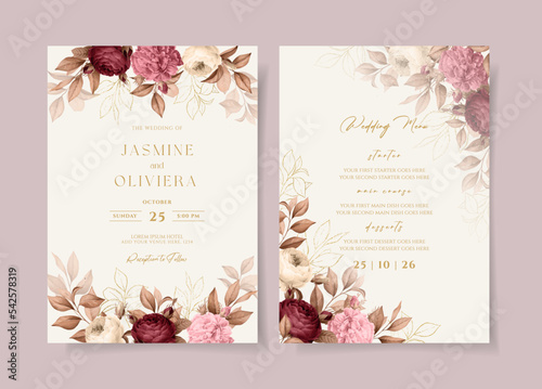 Elegant floral wedding invitation and menu template set with roses and leaves decoration