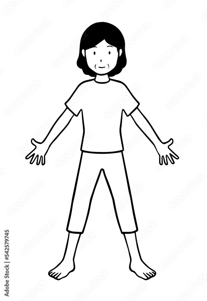 両手を広げて裸足で立つ中年女性、おばさん、線画 両手を広げて裸足で立つ中年女性、おばさん、線画