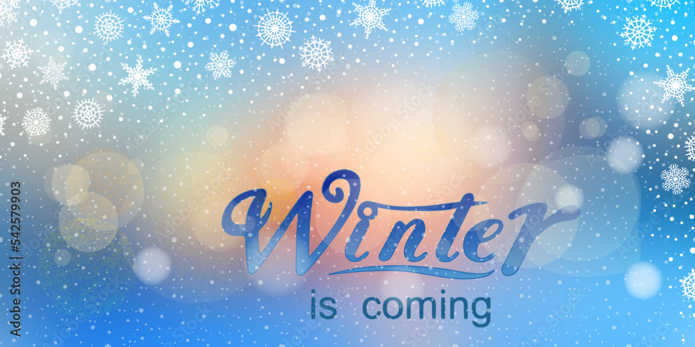 Naklejka premium Winter is coming, vector background, holiday greeting, bokeh effect and snowflakes, vector design