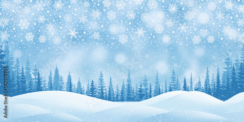 Winter landscape, snow drifts and trees, snowfall and snowflakes, vector illustration