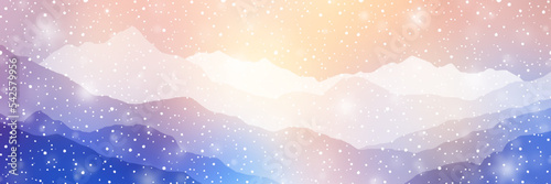 Winter landscape, mountains in sunset light, panoramic view