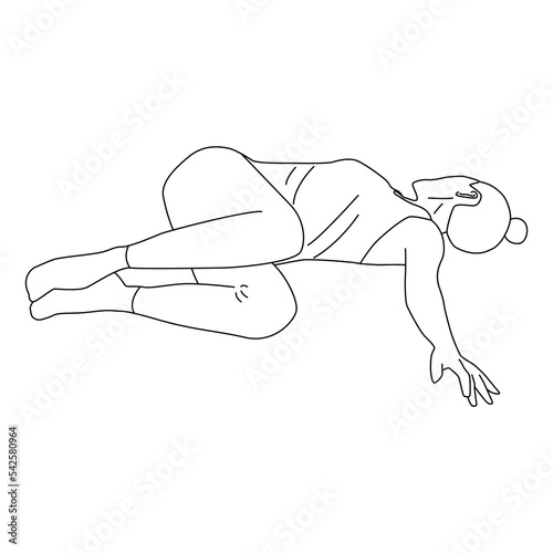 Line art of woman doing yoga exercise in reclined spinal twist pose vector.