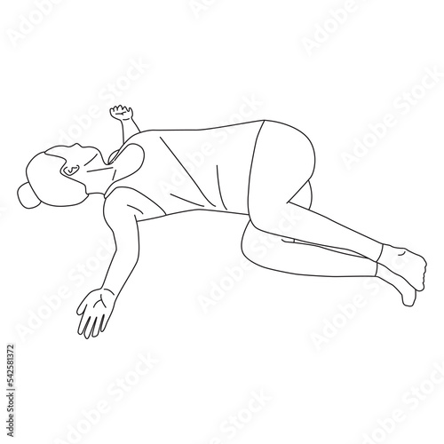 Line art of woman doing yoga in reclining twist pose vector.